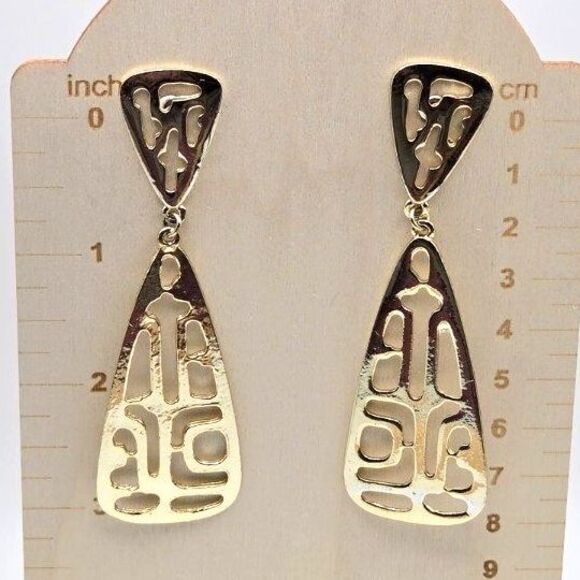 Goldtone Openwork Shiny Dangle Teardrop 3" Post Earrings - Picture 4 of 4